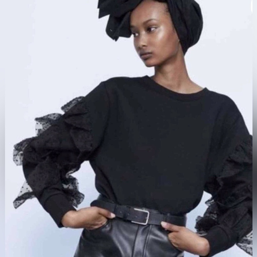 Zara Black Crop Top with Ruffle Sleeves